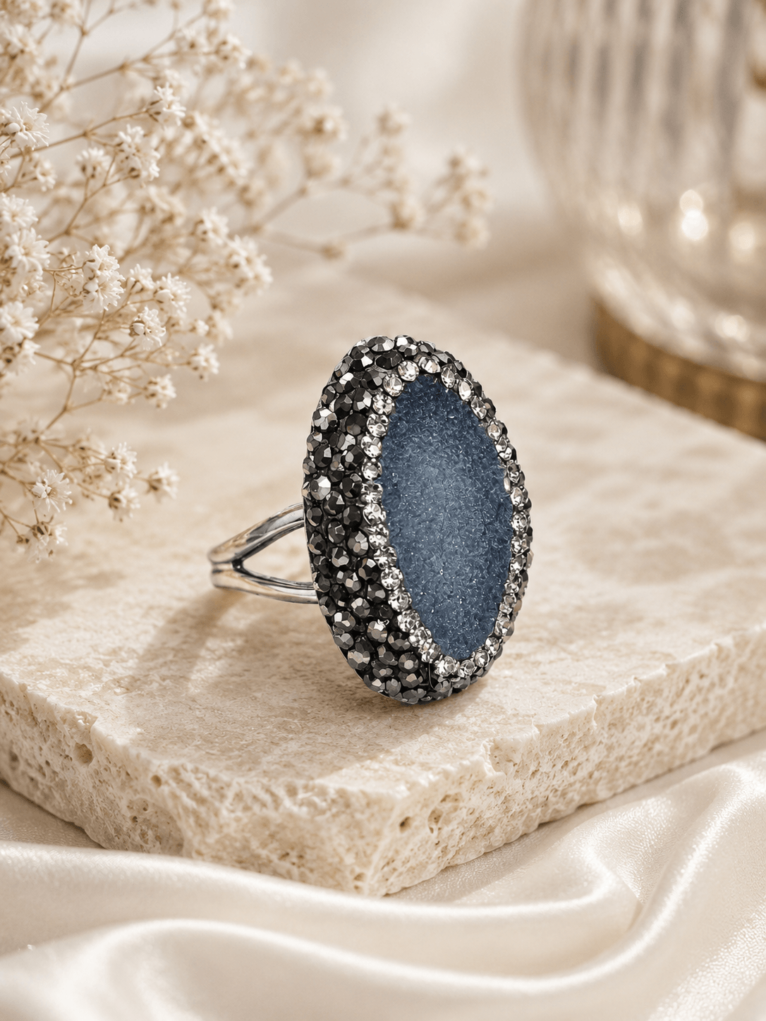 Blue Druzy & Swarovski Crystal Marcasite Sterling Silver Ring