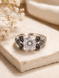Clear Crystal Solitaire & Marcasite Sterling Silver Ring