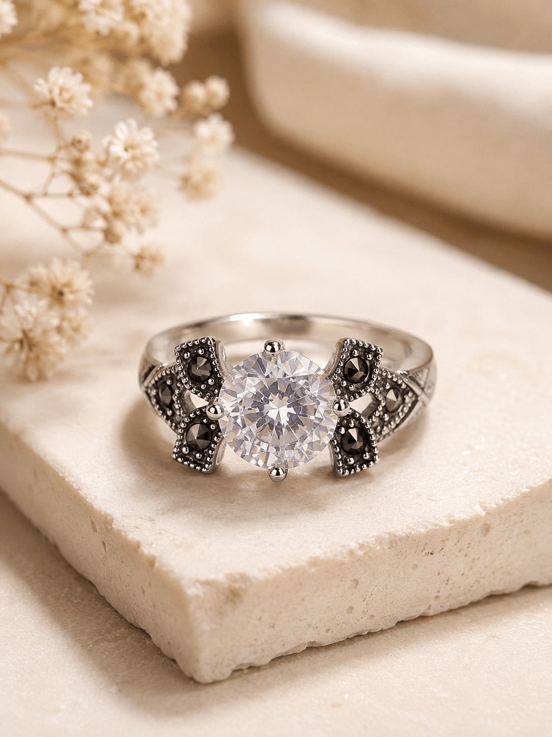 Clear Crystal Solitaire & Marcasite Sterling Silver Ring