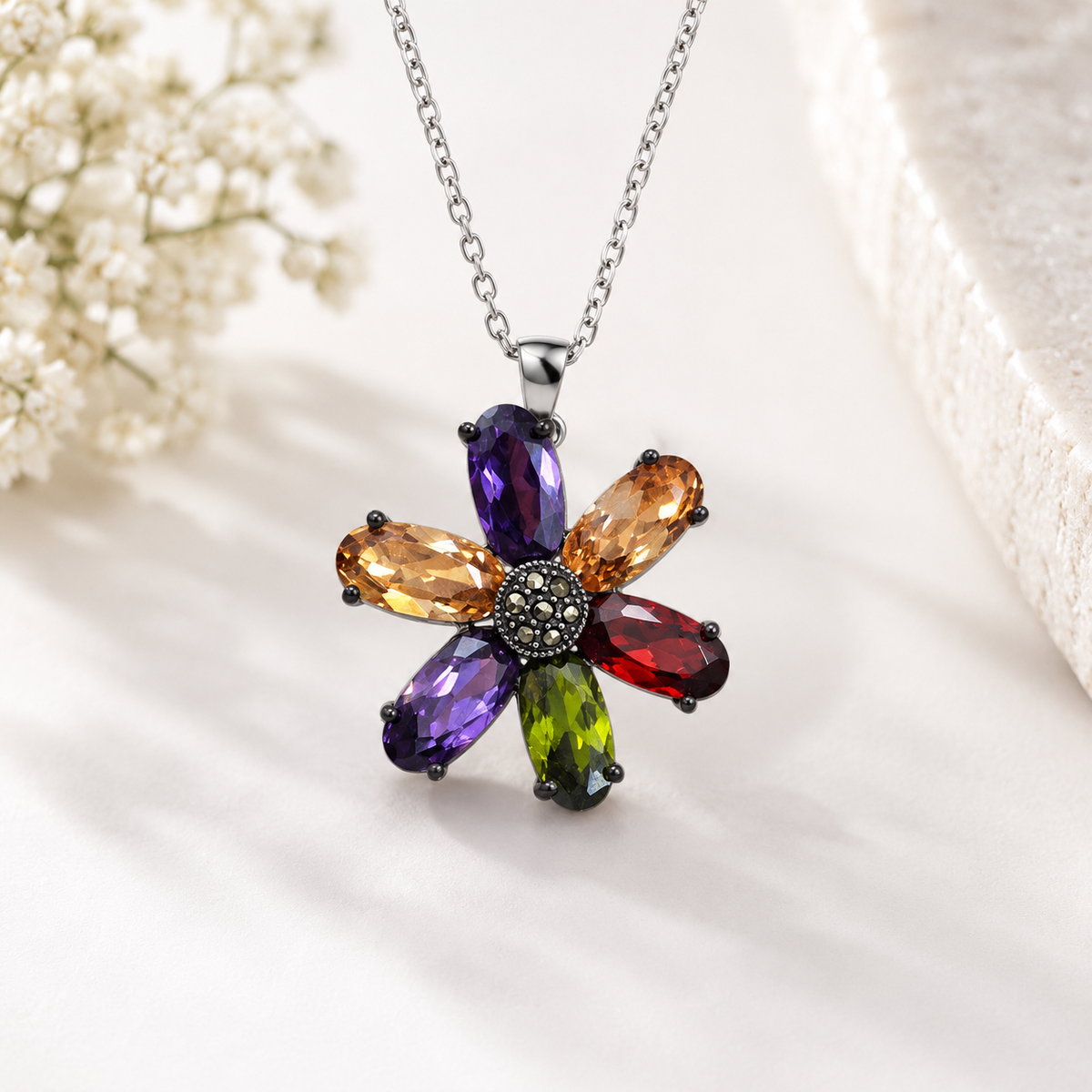 Rainbow Gemstone Flower Pendant