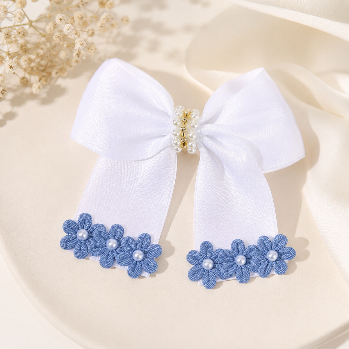 White Satin Floral Bow Hair Barrette
