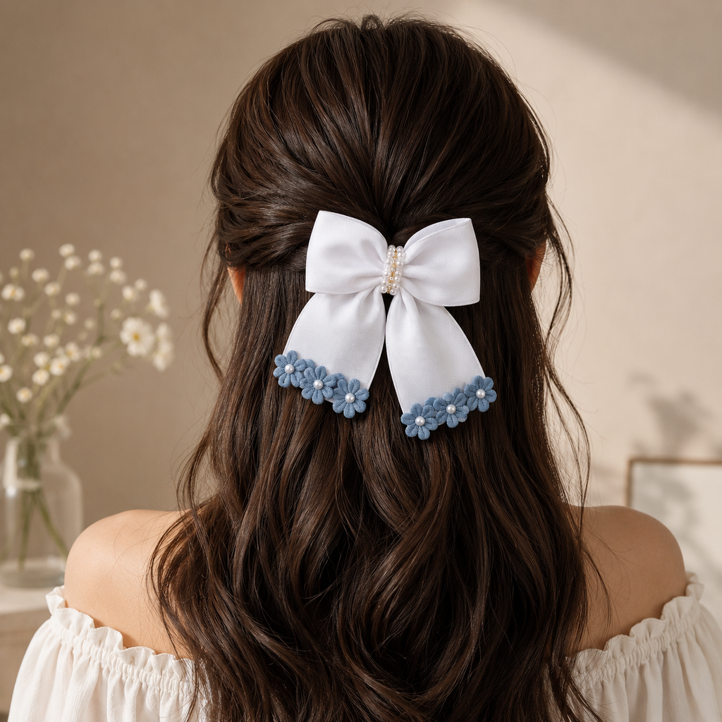 White Satin Floral Bow Hair Barrette
