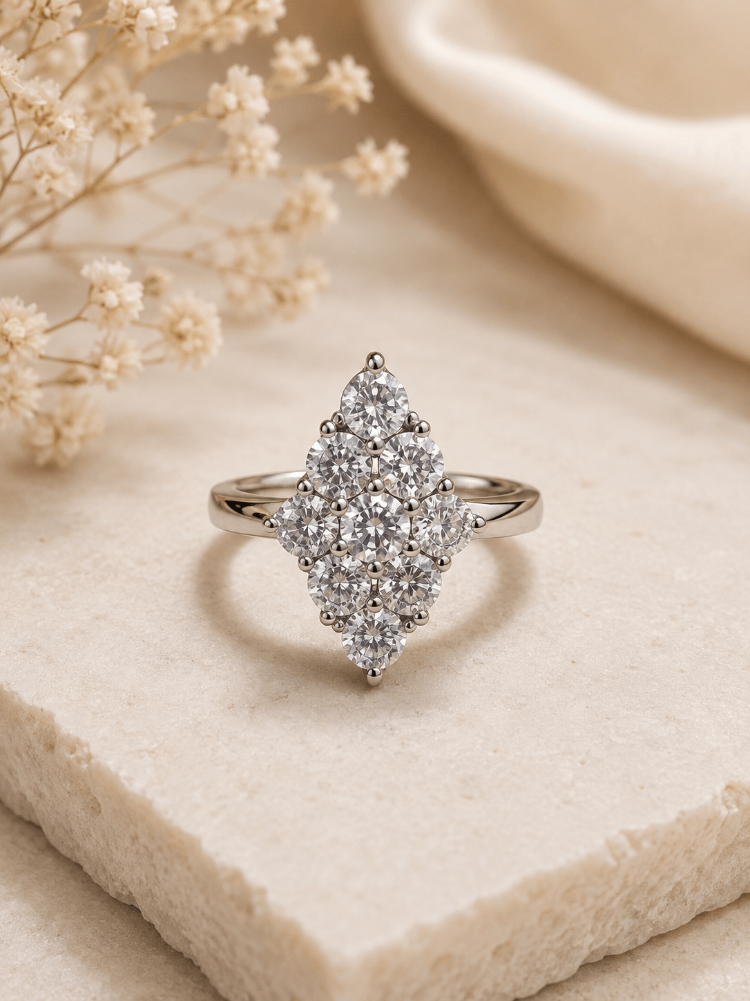 Cubic Zirconia Marquise Cluster Sterling Silver Statement Ring