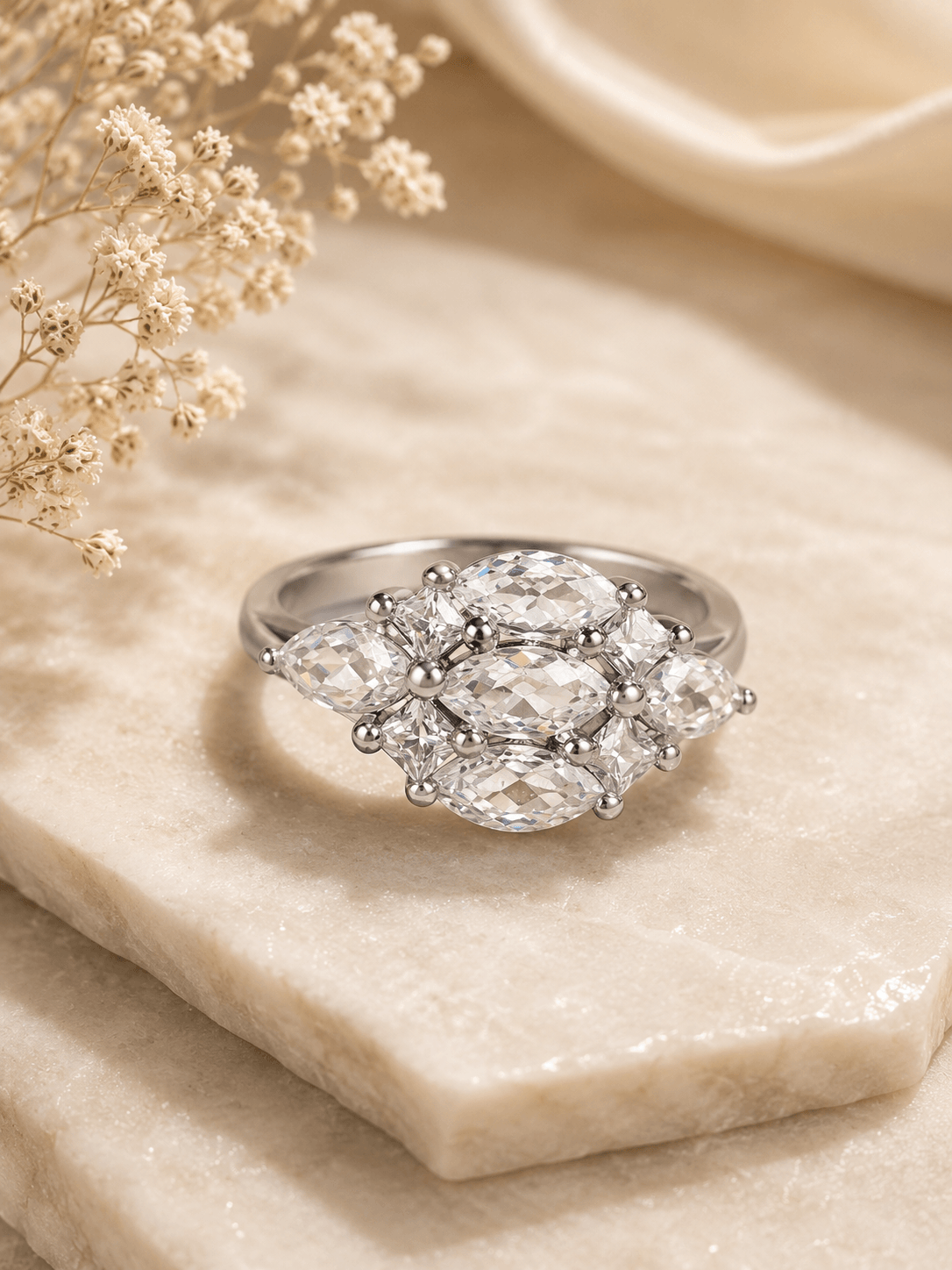 Marquise Cubic Zirconia Floral Cluster Sterling Silver Ring