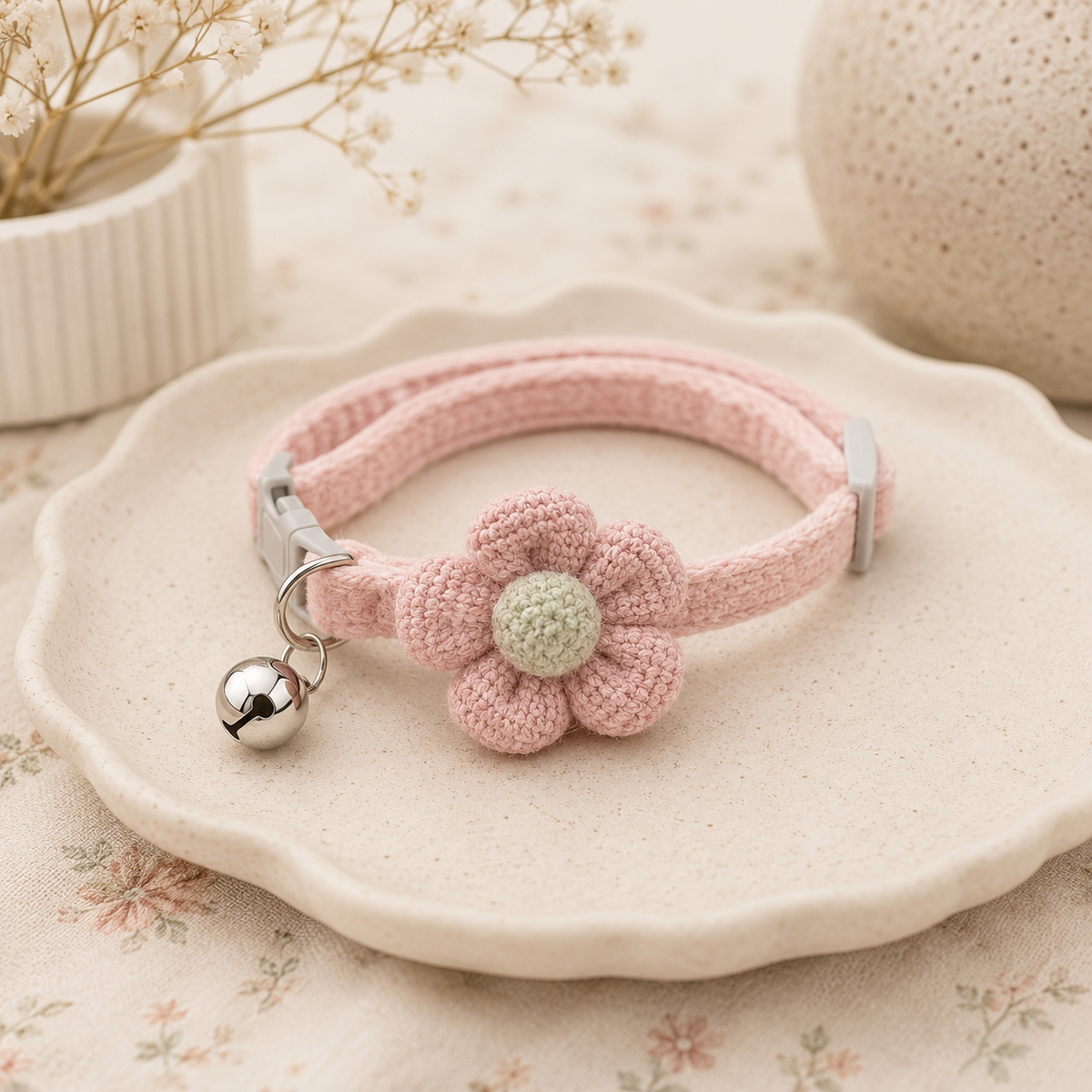 Pink Waffle Knit Flower Pet Collar