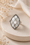 Mother of Pearl Mosaic & Marcasite Sterling Silver Statement Ring