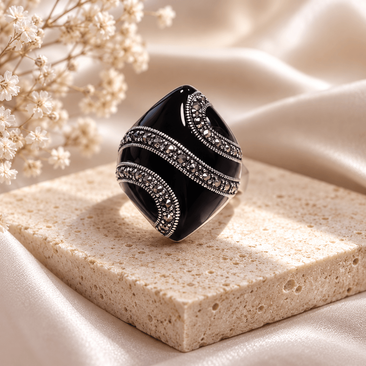 Onyx & Marcasite Wave Sterling Silver Statement Ring