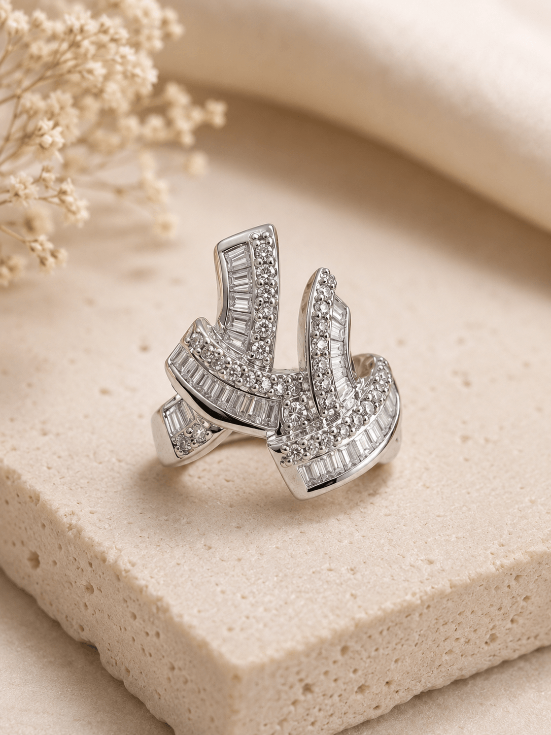 Cubic Zirconia Sculptural Sterling Silver Statement Ring