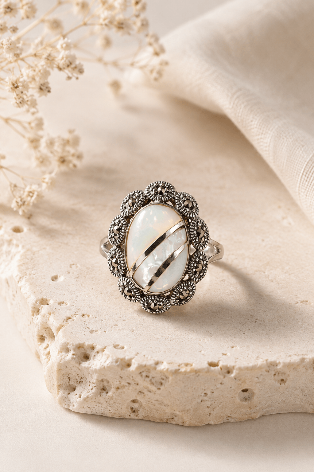 Mother of Pearl & Marcasite Sterling Silver Ring