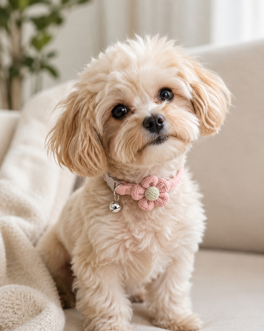 Pink Waffle Knit Flower Pet Collar