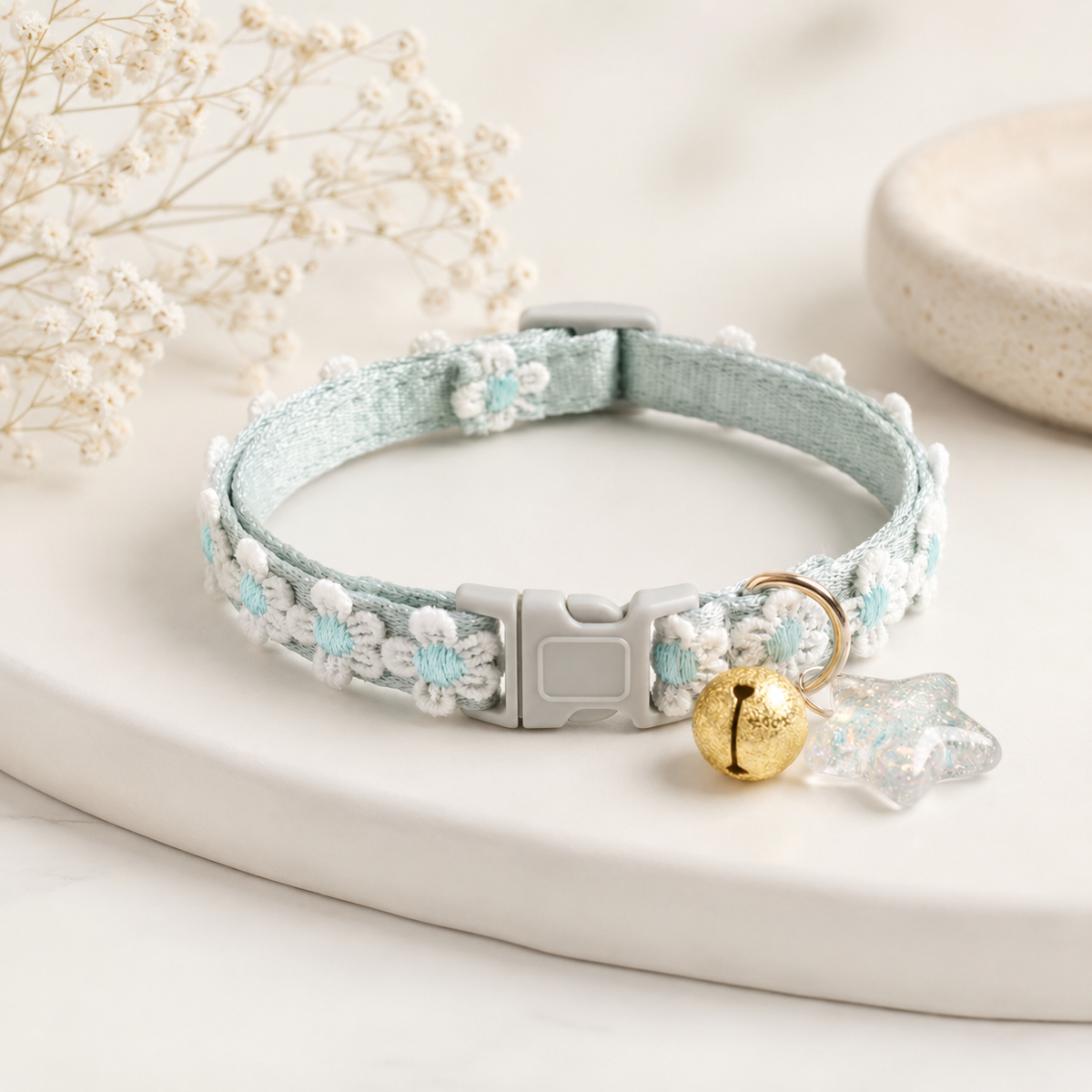 Flower Embroidered Blue Star Pet Collar