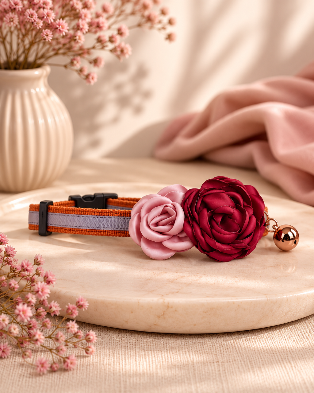 Double Rose Pet Collar in Crimson & Blush