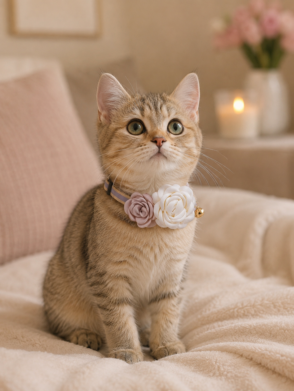 Double Rose Pet Collar in Mauve & Ivory