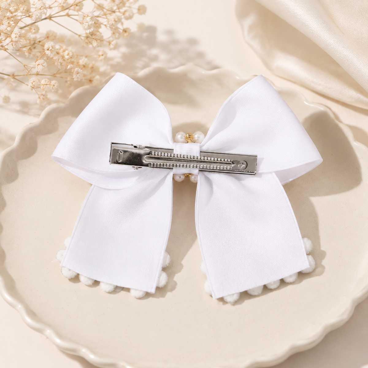 White Satin Floral Bow Hair Barrette