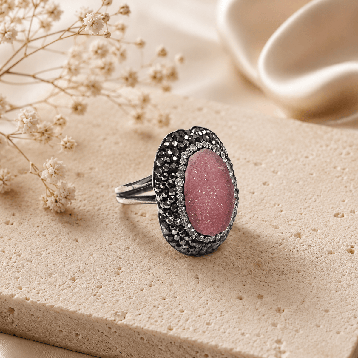 Pink Druzy & Swarovski Crystal Marcasite Sterling Silver Ring