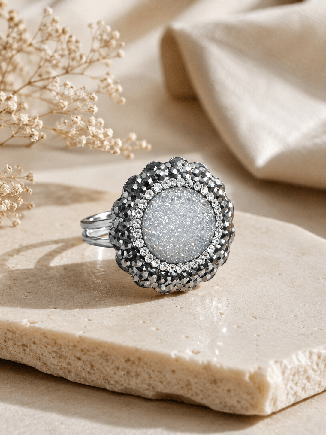 Druzy & Swarovski Crystal Marcasite Sterling Silver Ring