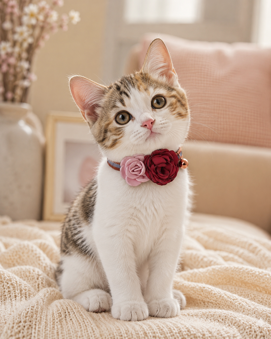 Double Rose Pet Collar in Crimson & Blush