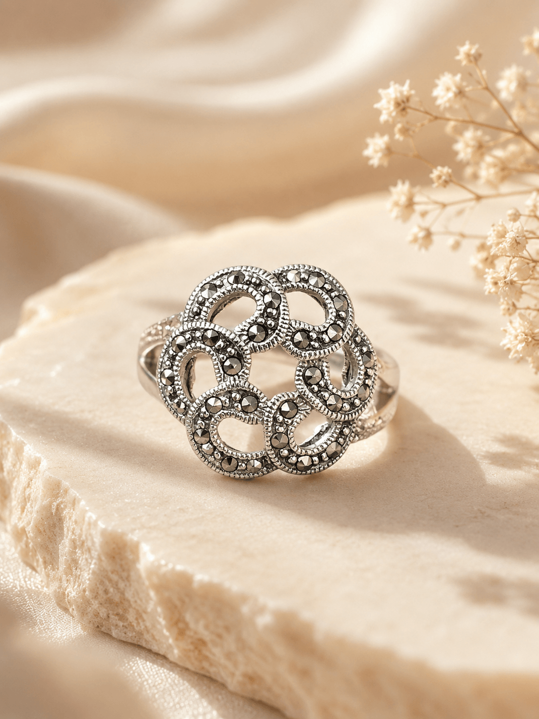 Marcasite Flower Cluster Sterling Silver Ring