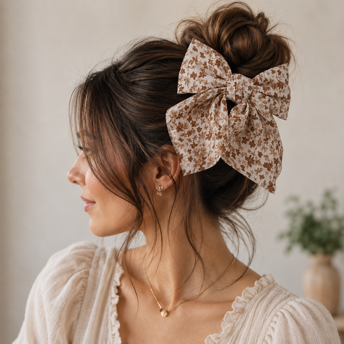 Neutral Floral Print Bow Hair Barrette
