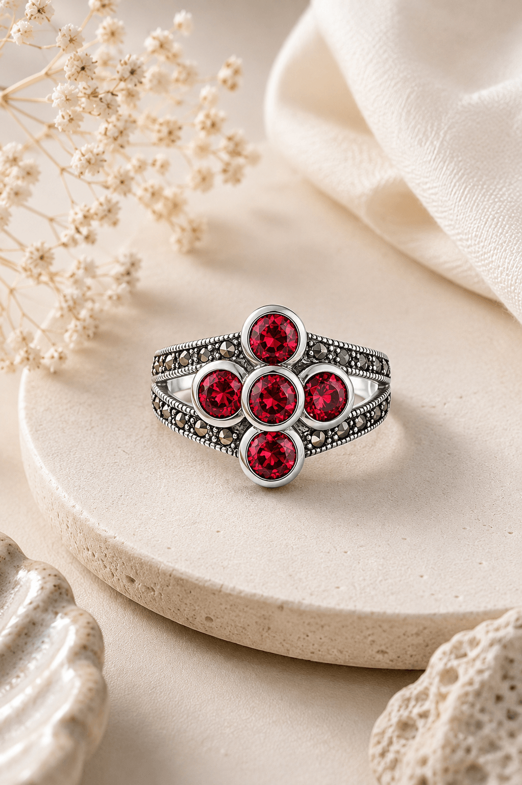 Garnet & Marcasite Sterling Silver Statement Ring