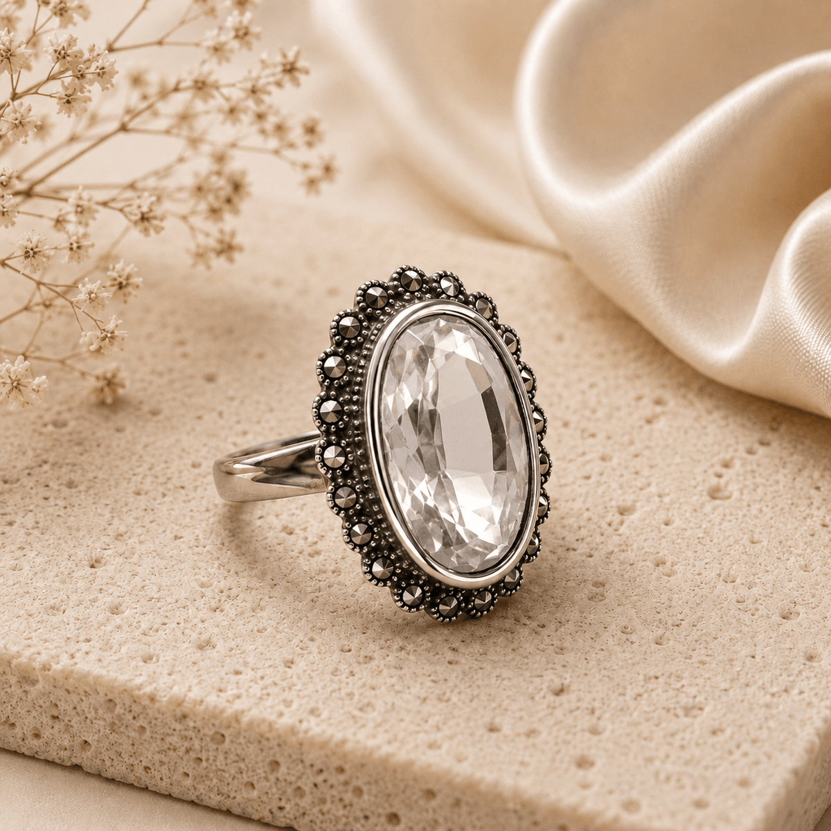 Oval Crystal & Marcasite Sterling Silver Statement Ring