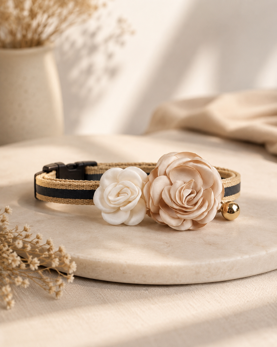 Double Rose Pet Collar in Cream & Beige