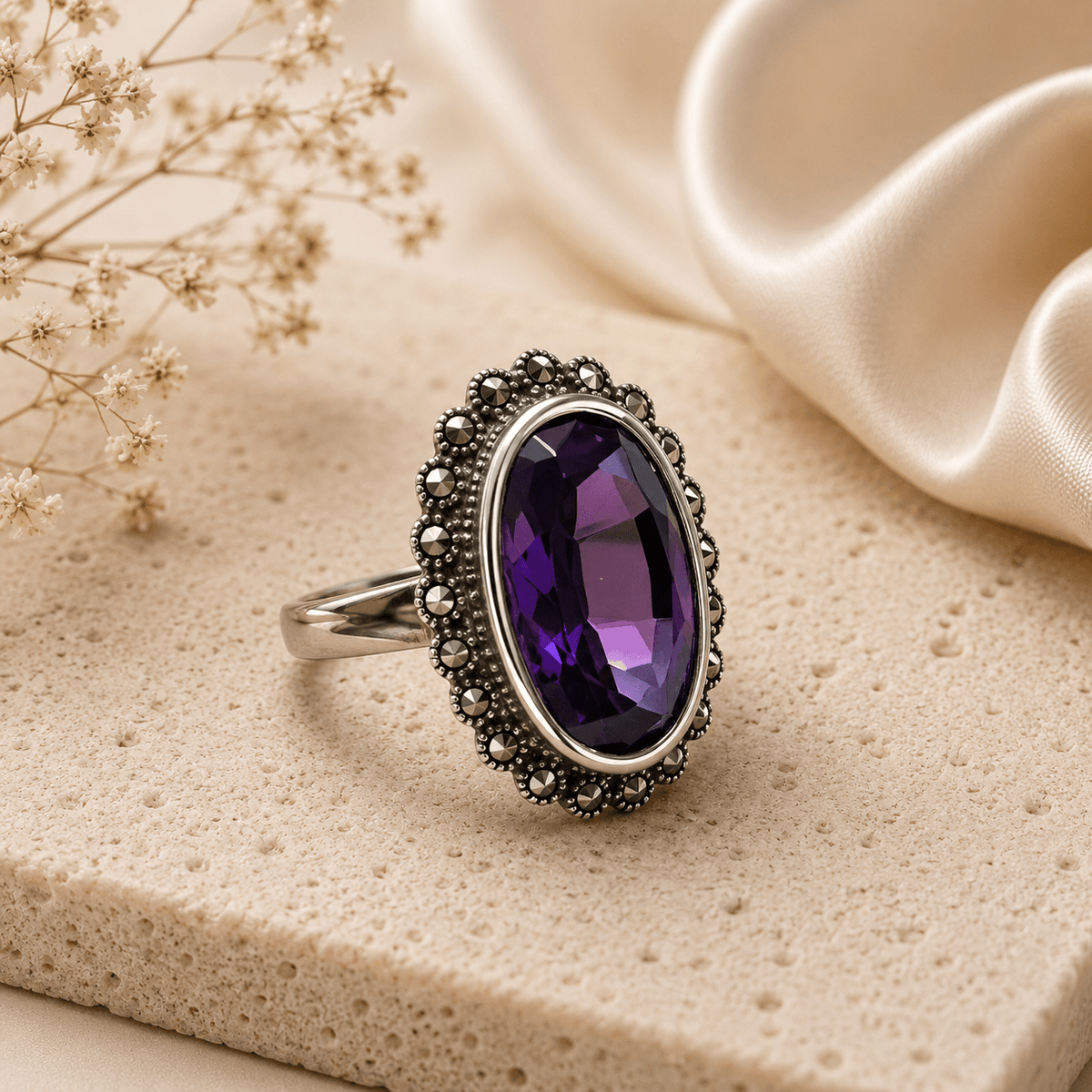 Oval Amethyst Crystal & Marcasite Sterling Silver Statement Ring