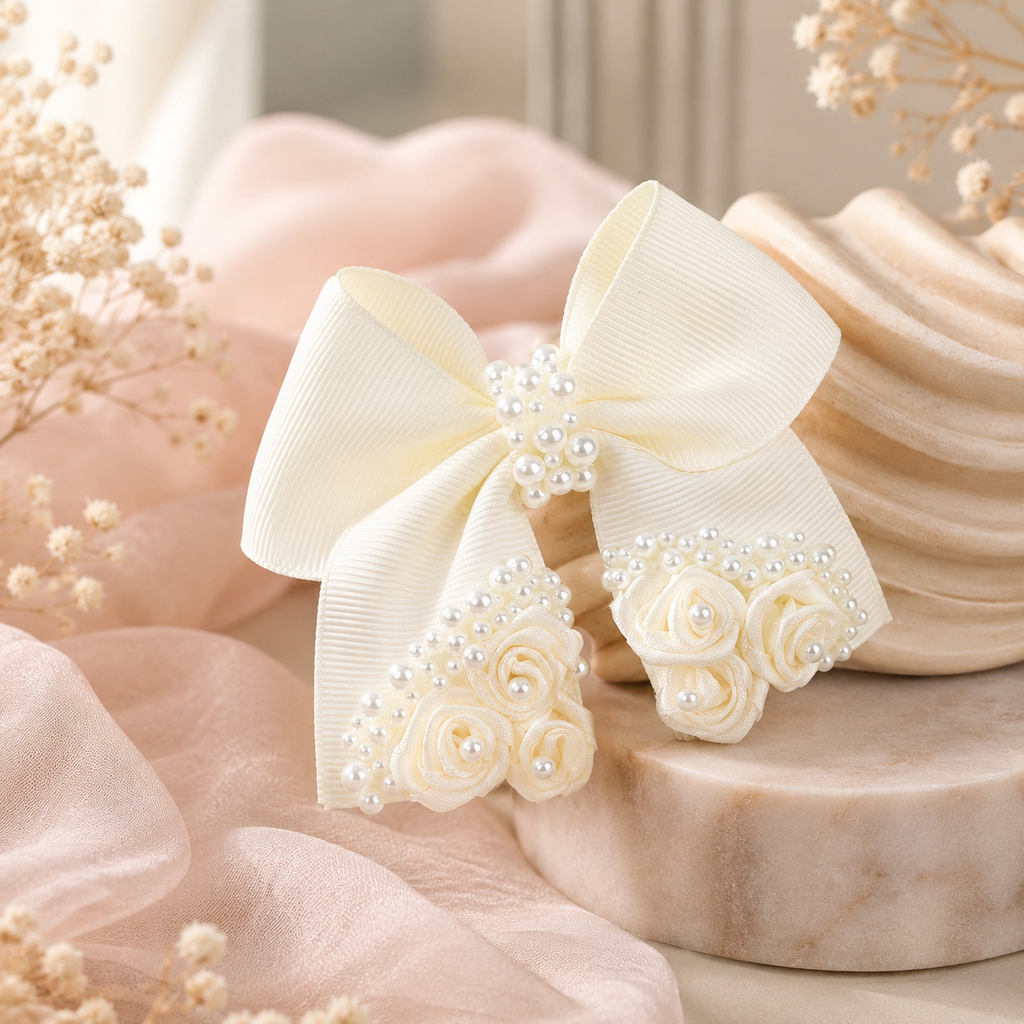 Ivory Pearl & Rose Bow Hair Clip