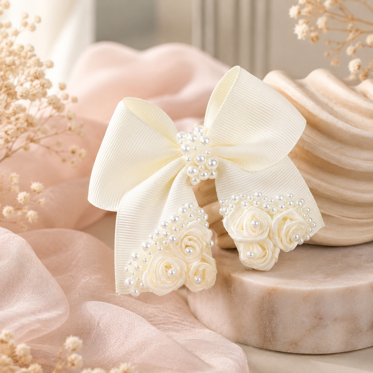 Ivory Pearl & Rose Bow Hair Clip