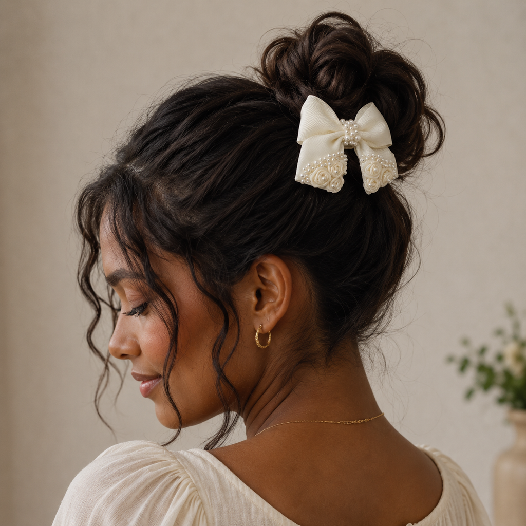 Ivory Pearl & Rose Bow Hair Clip