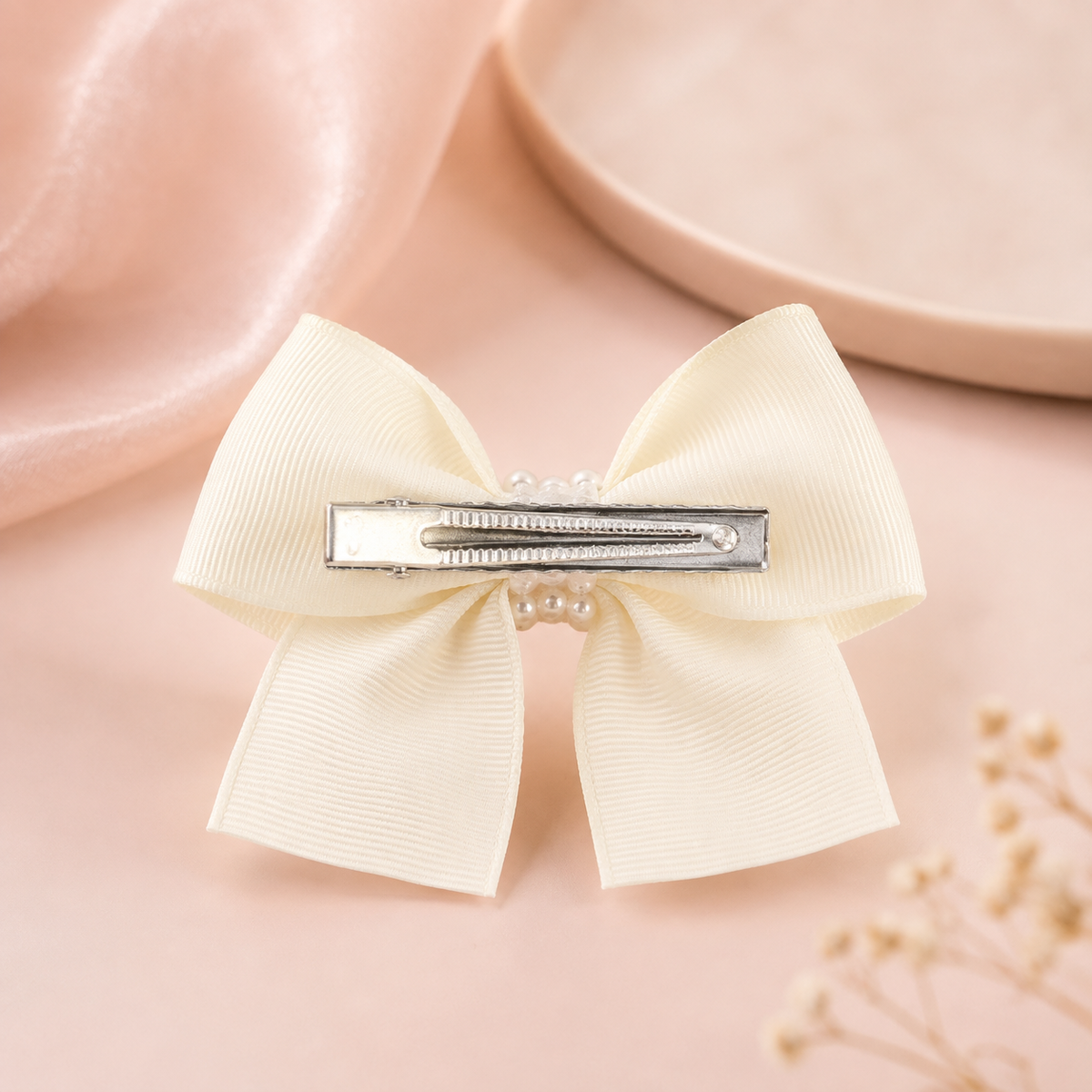 Ivory Pearl & Rose Bow Hair Clip