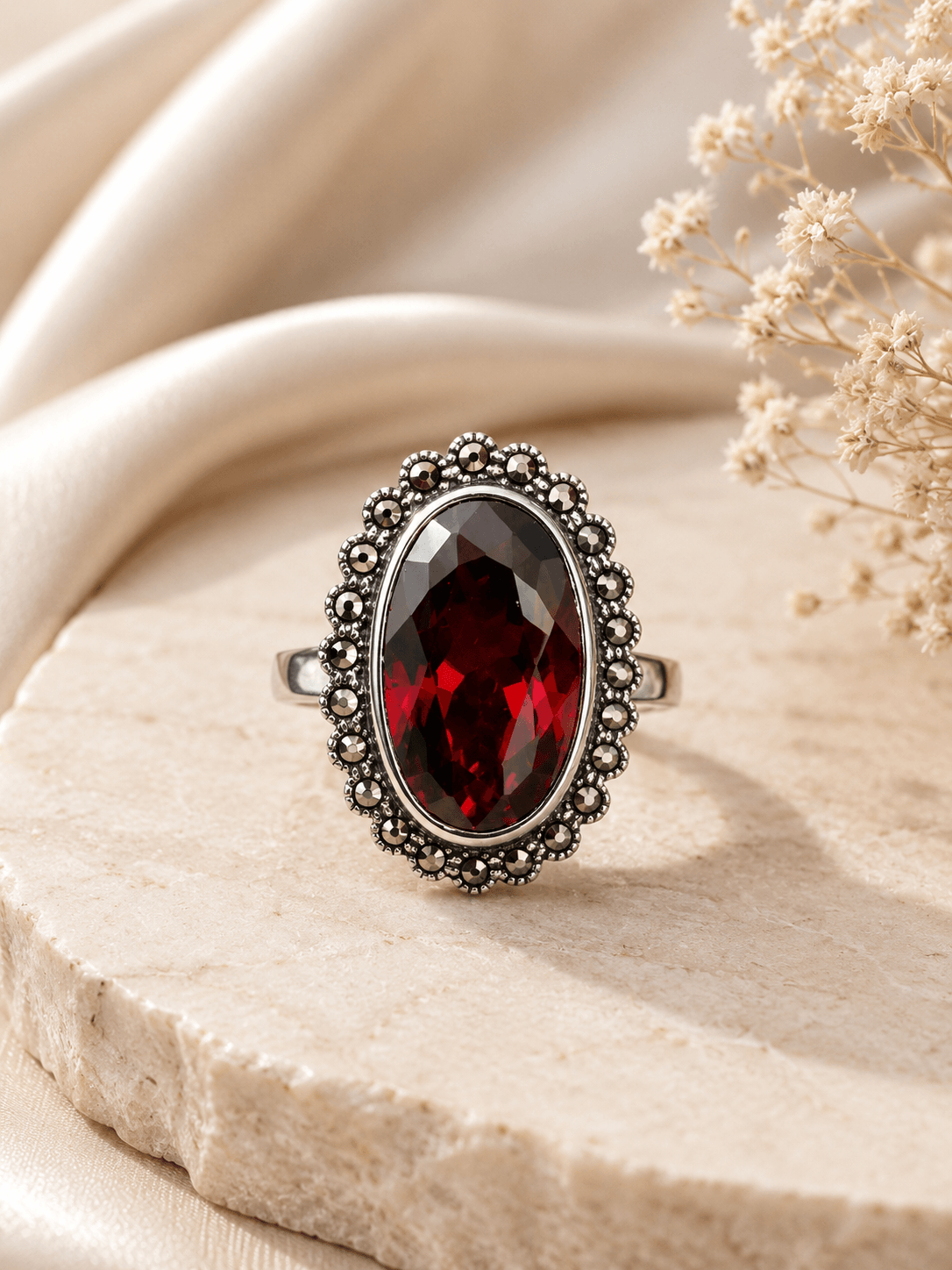 Oval Garnet & Marcasite Sterling Silver Statement Ring