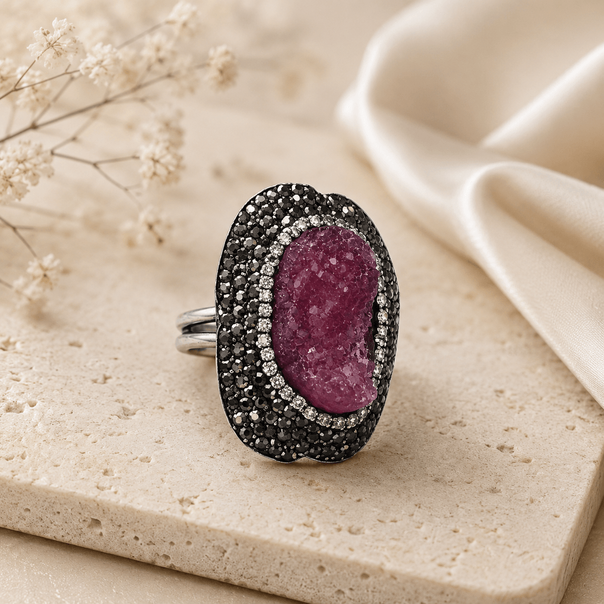 Fuchsia Druzy & Swarovski Crystal Marcasite Sterling Silver Ring