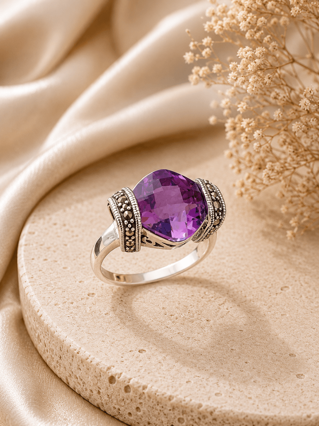 Cushion Cut Amethyst & Marcasite Sterling Silver Ring