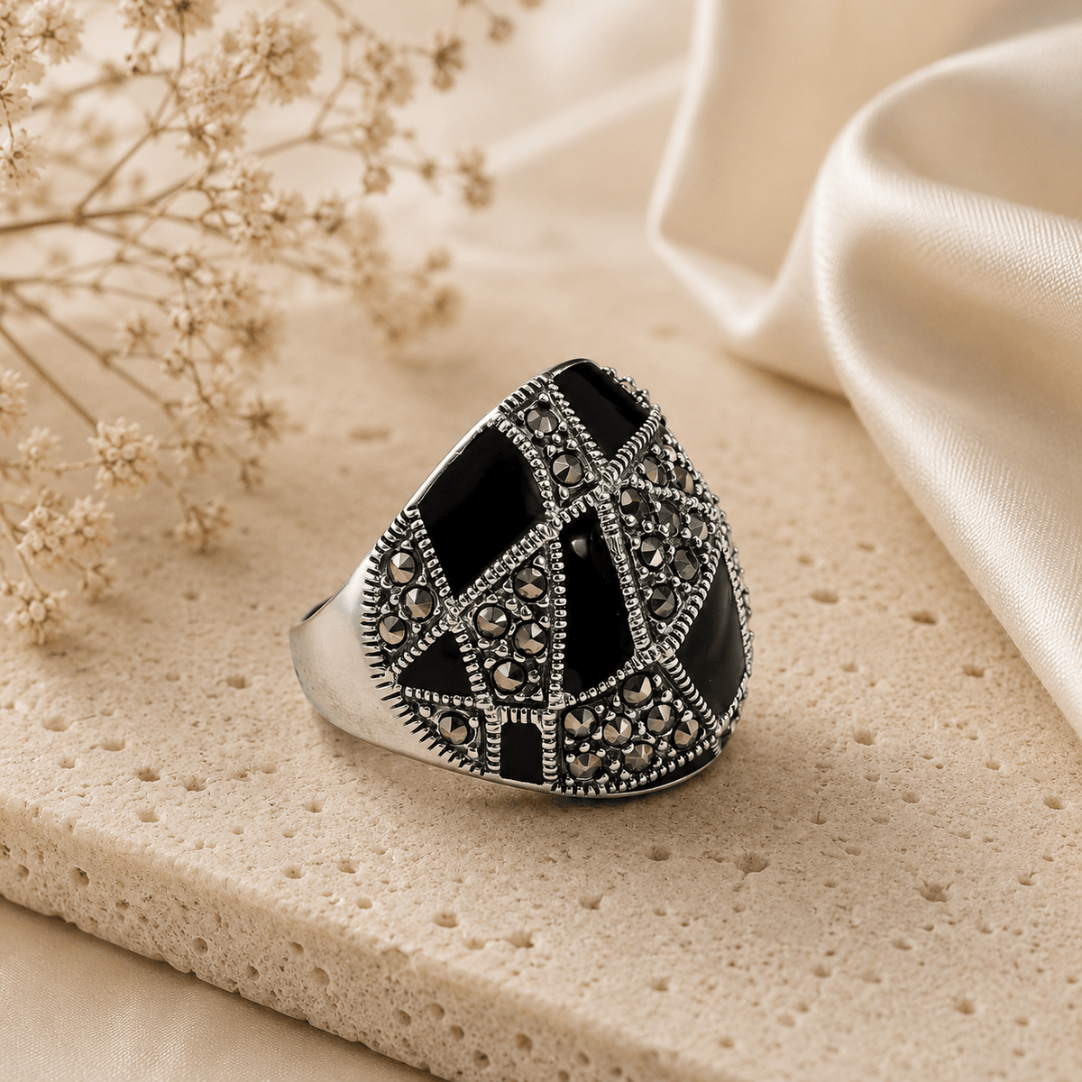 Onyx & Marcasite Sterling Silver Statement Ring