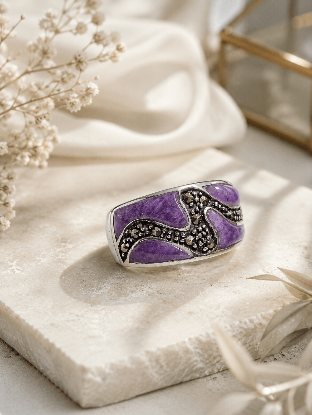Purple & Marcasite Wave Sterling Silver Statement Ring