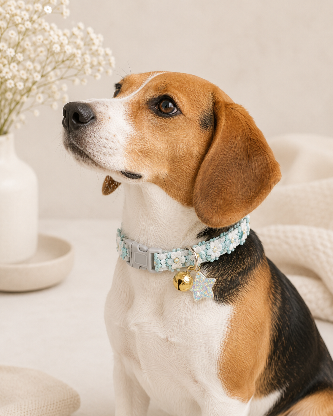Flower Embroidered Blue Star Pet Collar
