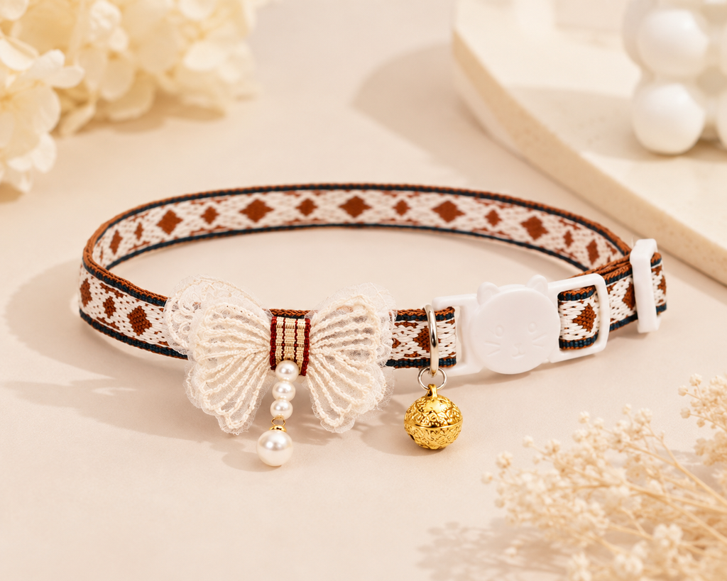 White Bow and Pearl Pet Collar