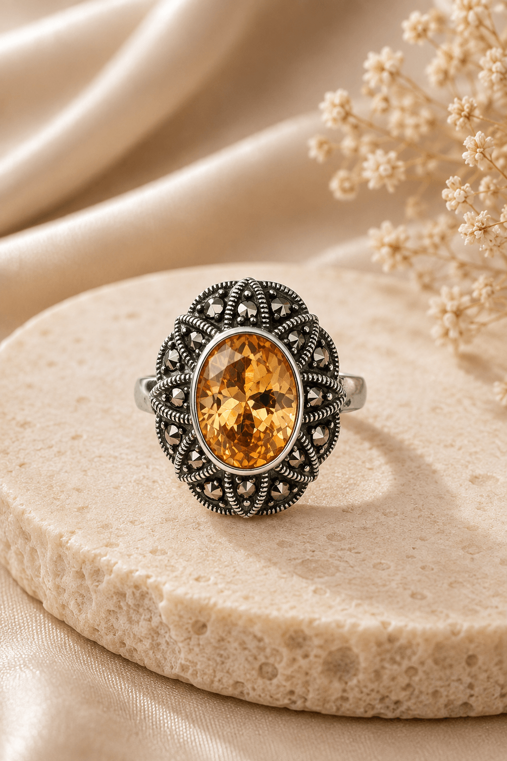Citrine & Marcasite Sterling Silver Statement Ring