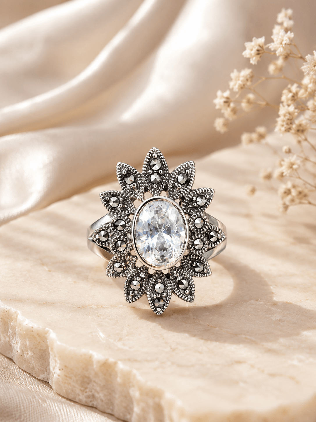 Crystal & Marcasite Starburst Sterling Silver Ring
