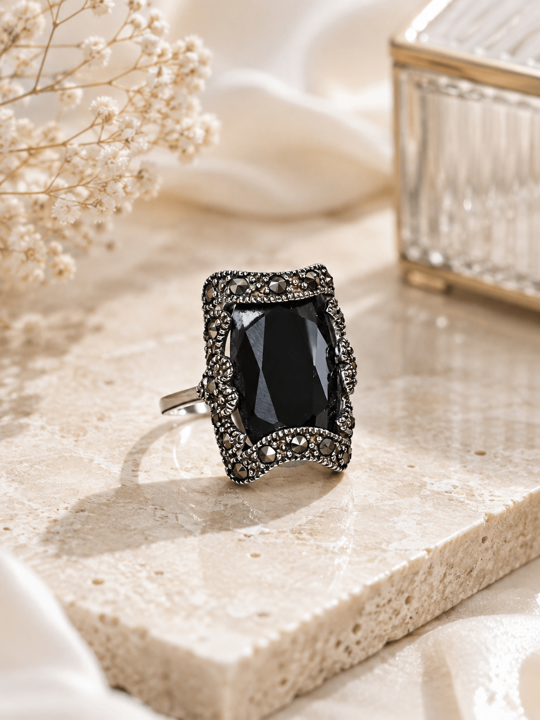 Black Crystal & Marcasite Sterling Silver Statement Ring