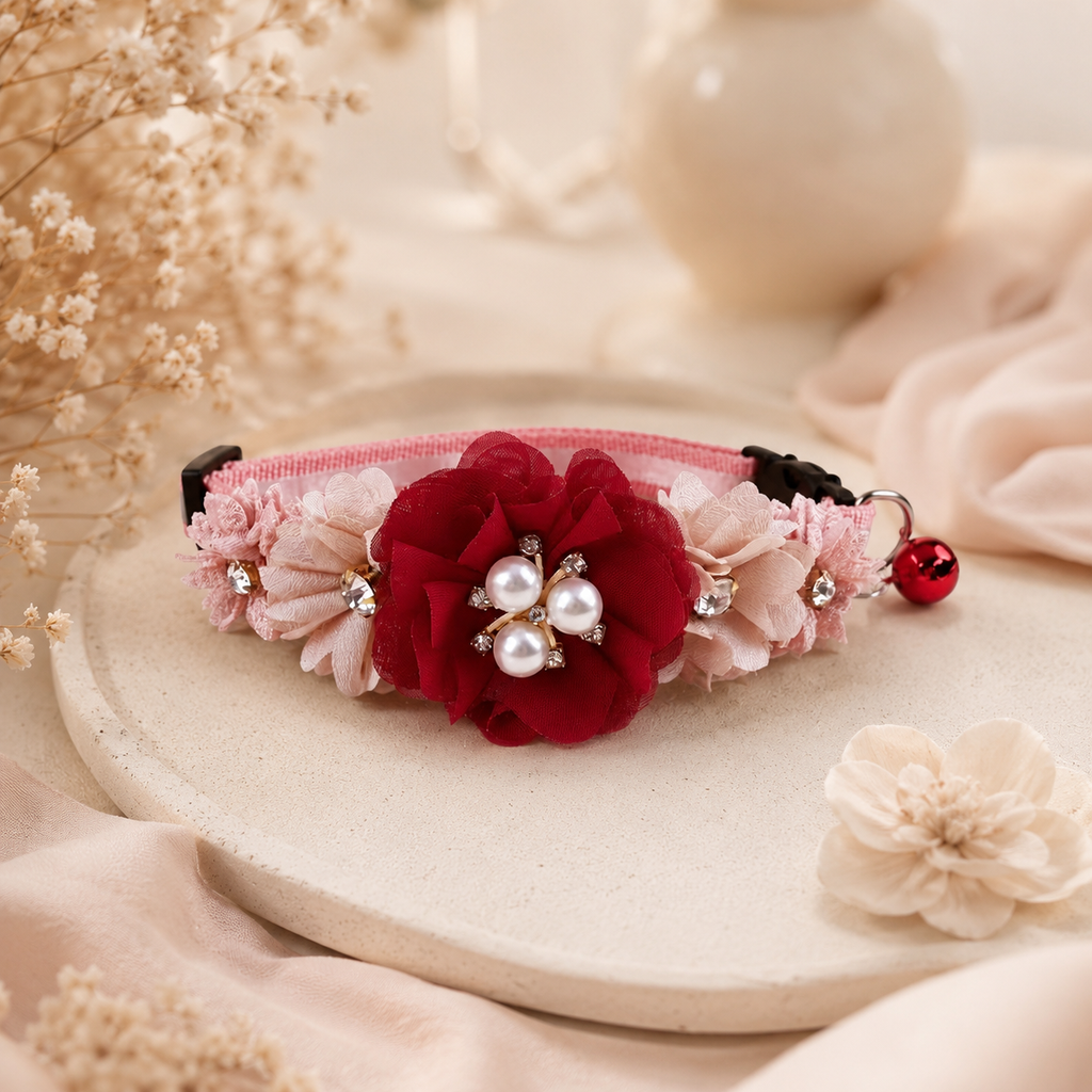 Red Pearl Floral Pet Collar